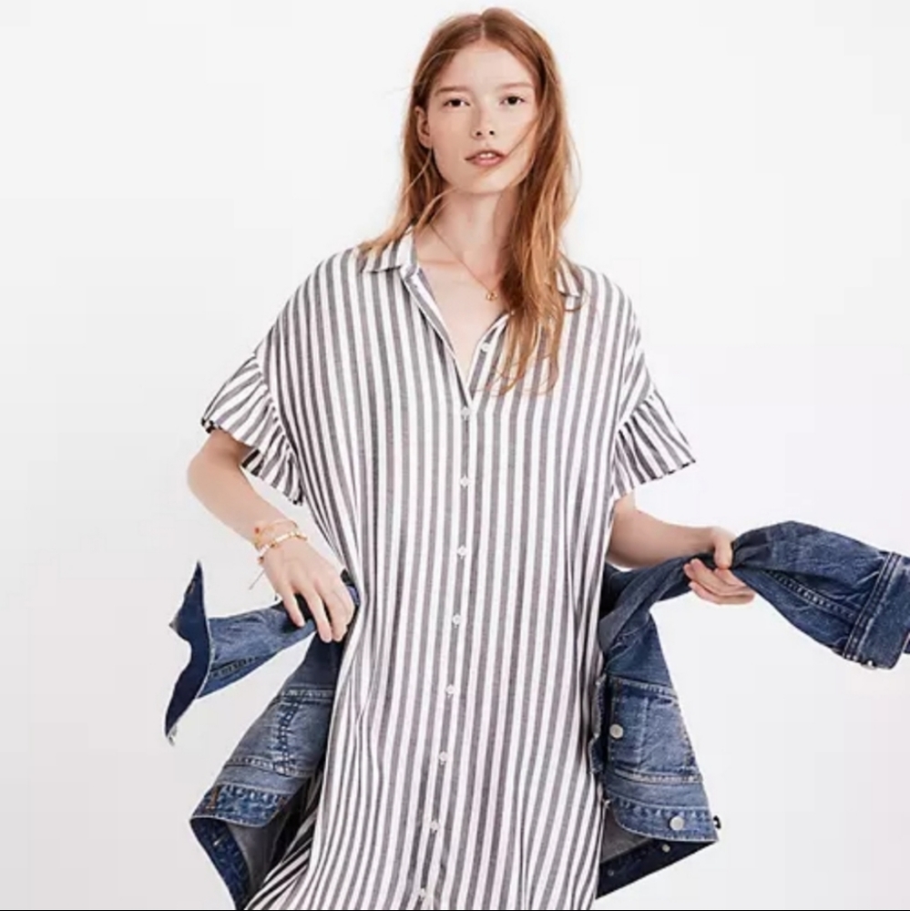 Madewell Striped Courir Ruffle-Sleeve Shirt Dress